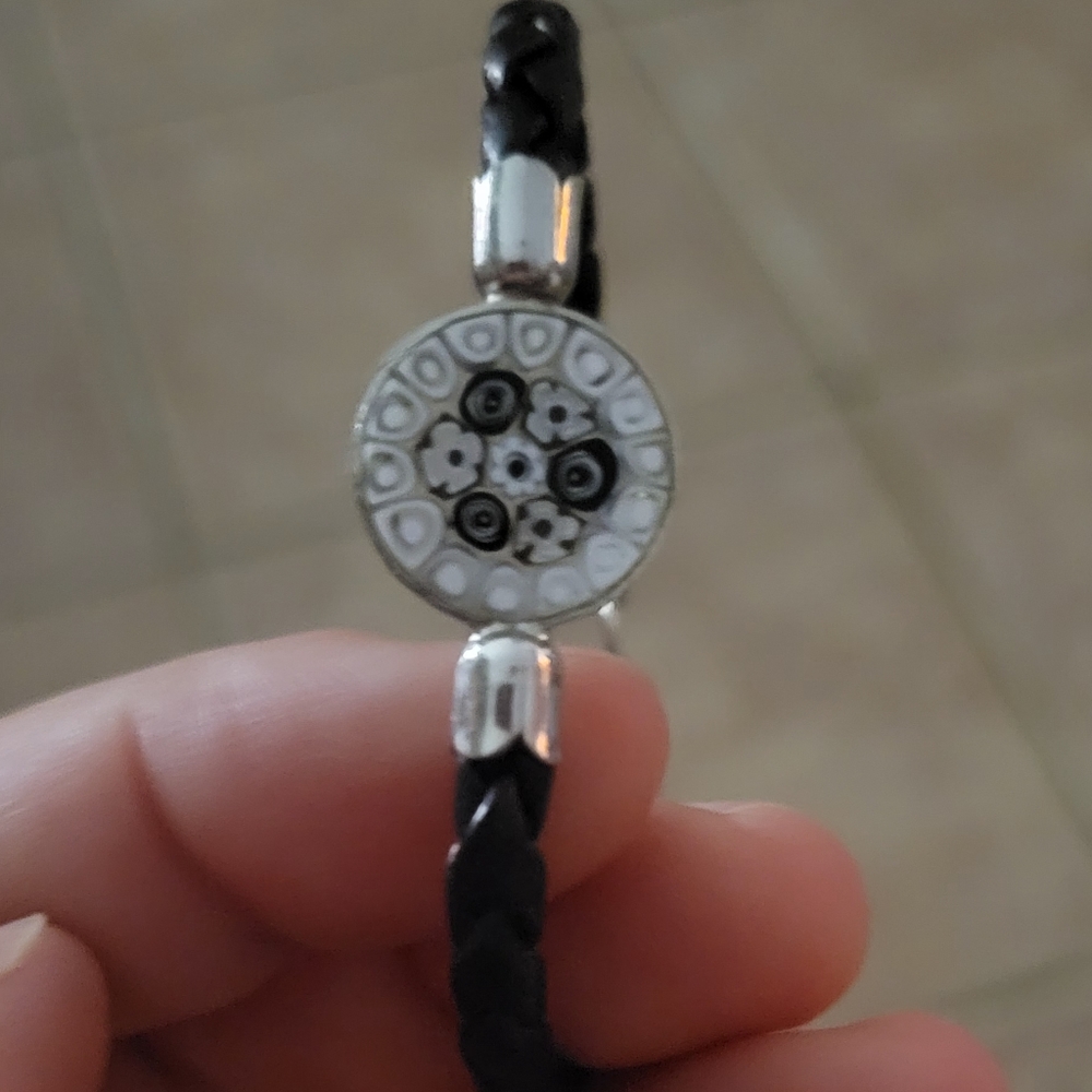 925 SS Murano glass and leather bracelet.